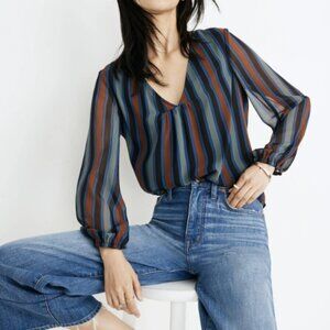Madewell | Sheer-Sleeve Top in Academy Stripe in Winter Architect Green (EUC)